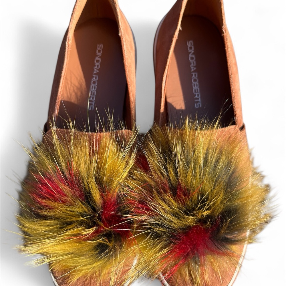 Sondra Roberts Tan and Red Flats with Feathered Embellishments-Like New!!